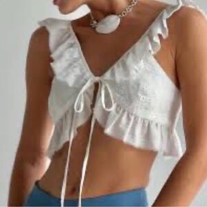 Love Tree White Eyelet Ruffle Milkmaid Summer Crop Cami Tank Bandeau Top SZ M